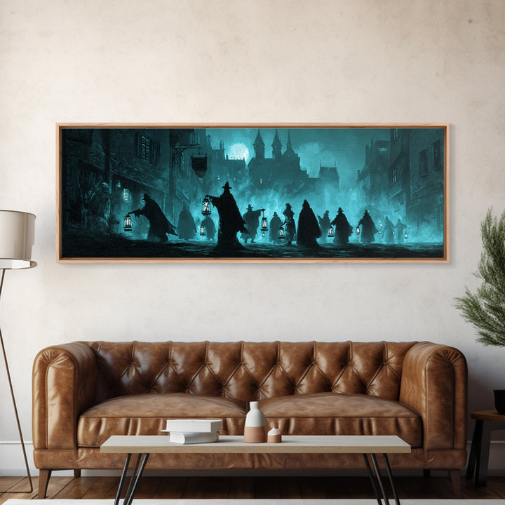 The Innsmouth Lantern Procession, Extra Wide Wall Art, Cosmic Horror Wall Art, Canvas Print, Halloween Wall Decor, Gothic Home Decor