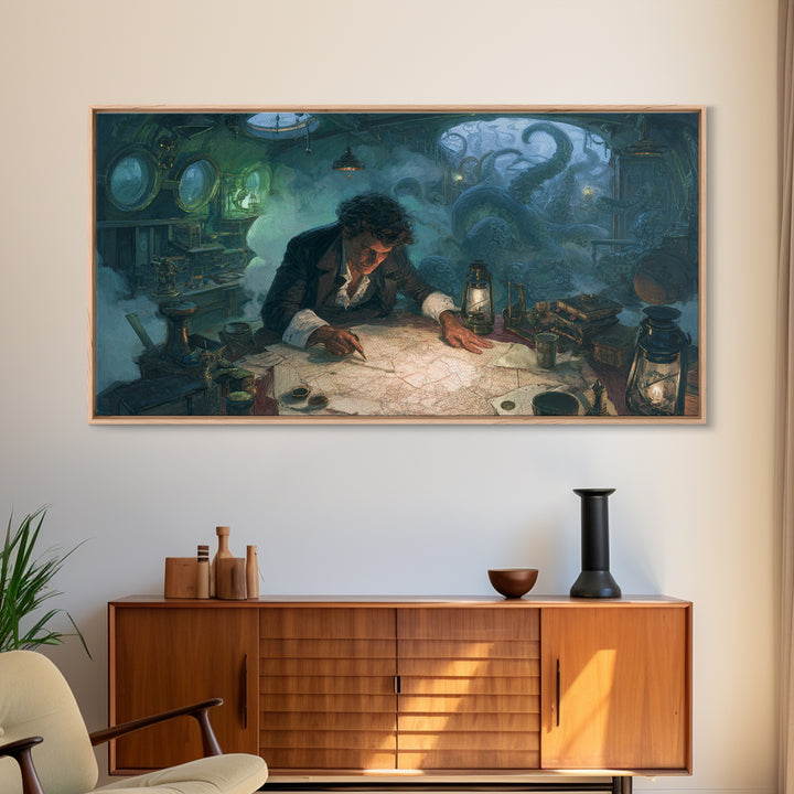 The Mapmaker Of Impossible Shores, Wide Panoramic Art, Eldritch Gothic Decor, Framed Canvas Print, Halloween Wall Decor, Gothic Home Decor