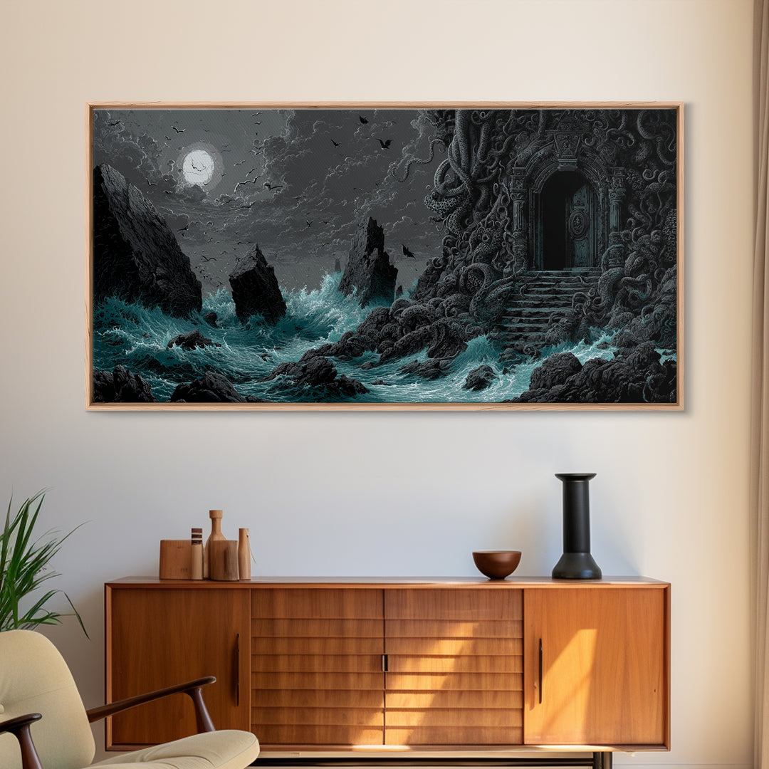 The Keeper Of The Black Reef Key, Wide Panoramic Art, Gothic Horror Wall Art, Canvas Print, Halloween Wall Decor, Gothic Home Decor