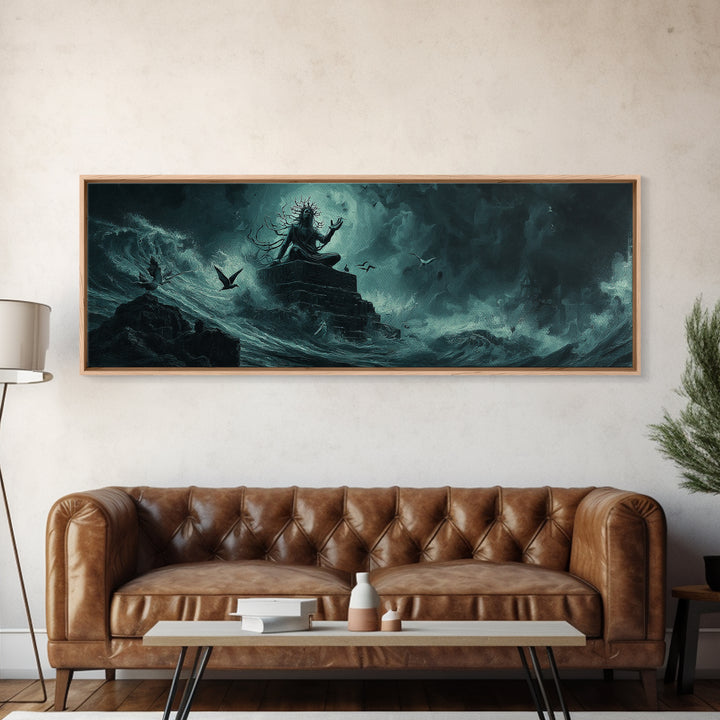 The Keeper Of The Black Reef Key, Extra Wide Wall Art, Lovecraftian Horror Art, Canvas Print, Halloween Wall Decor, Gothic Home Decor