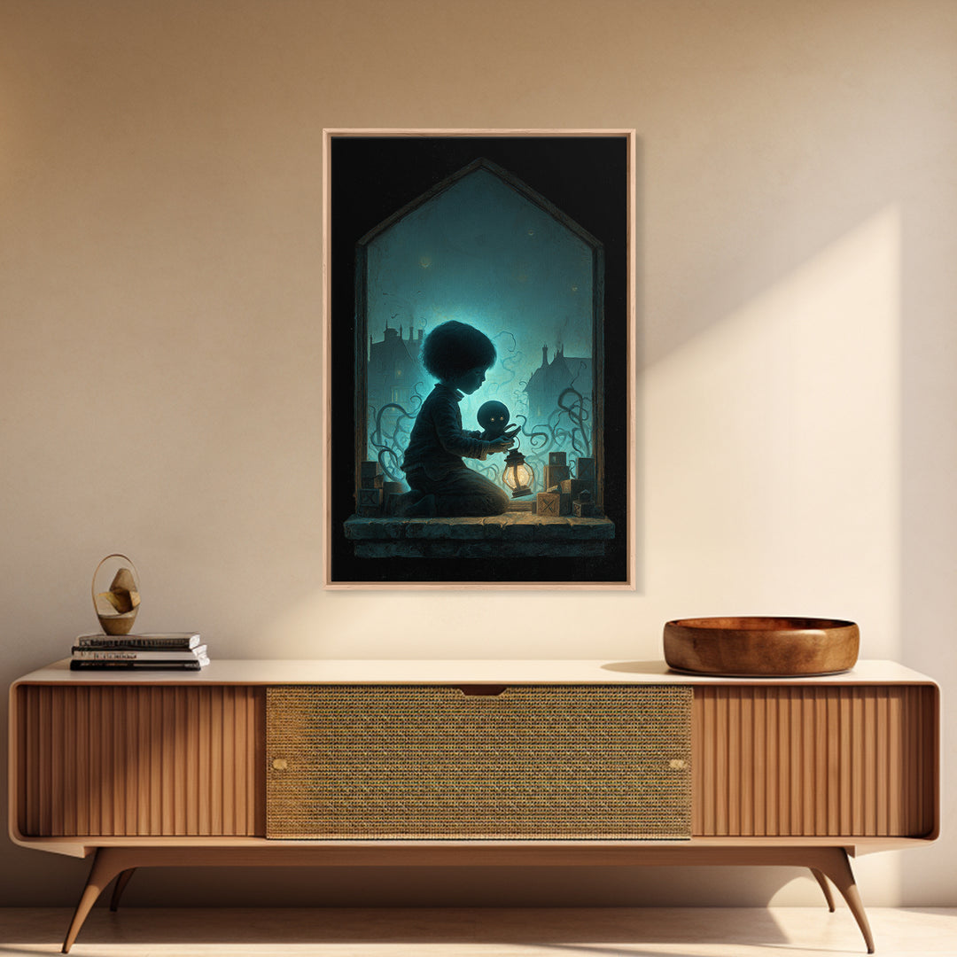 The Child Who Caught A Moon-Spawn, Vertical Wall Art, Eldritch Gothic Decor, Framed Canvas Print, Halloween Wall Decor, Gothic Home Decor