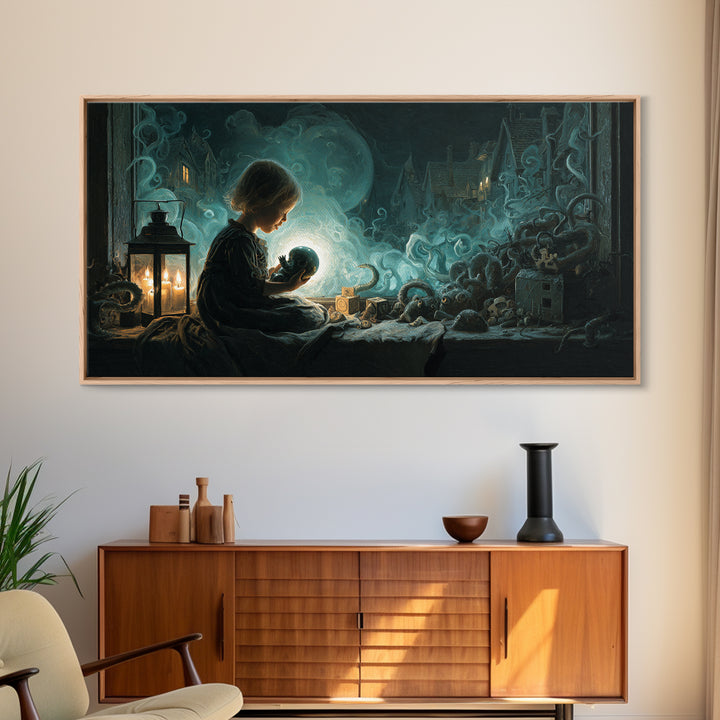 The Child Who Caught A Moon-Spawn, Wide Panoramic Art, Lovecraftian Horror Art, Framed Canvas Print, Halloween Wall Decor, Gothic Home Decor