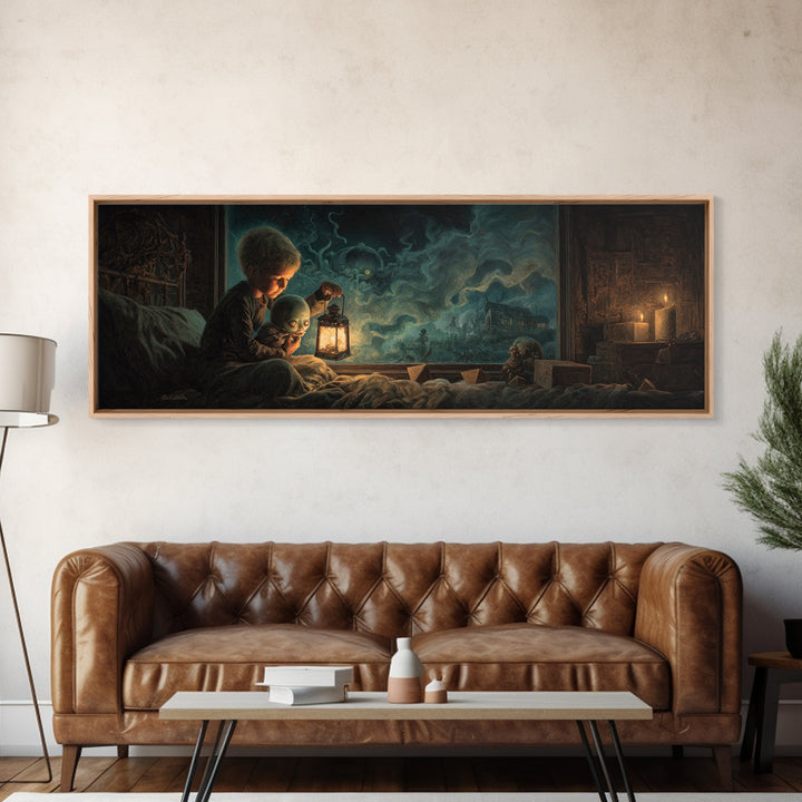 The Child Who Caught A Moon-Spawn, Extra Wide Wall Art, Eldritch Gothic Decor, Framed Canvas Print, Halloween Wall Decor, Gothic Home Decor