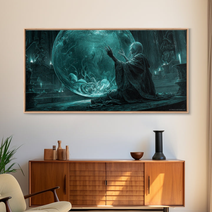 The Oracle Of The Glass Depths, Wide Panoramic Art, Haunted Gothic Art, Framed Canvas Print, Halloween Wall Decor, Gothic Home Decor