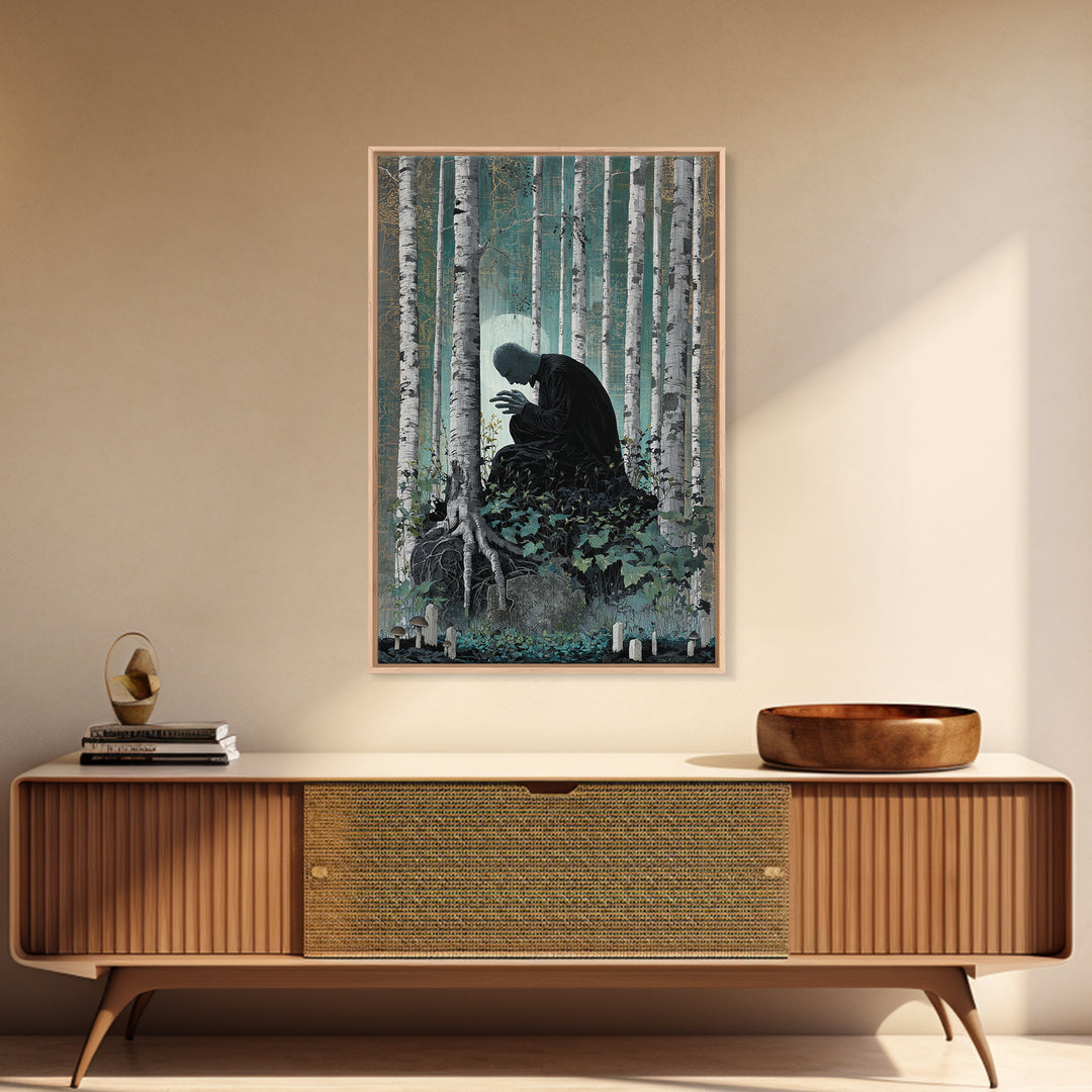 The Sleeper In The Birch Grove, Vertical Wall Art, Dark Fantasy Wall Art, Framed Canvas Print, Halloween Wall Decor, Gothic Home Decor