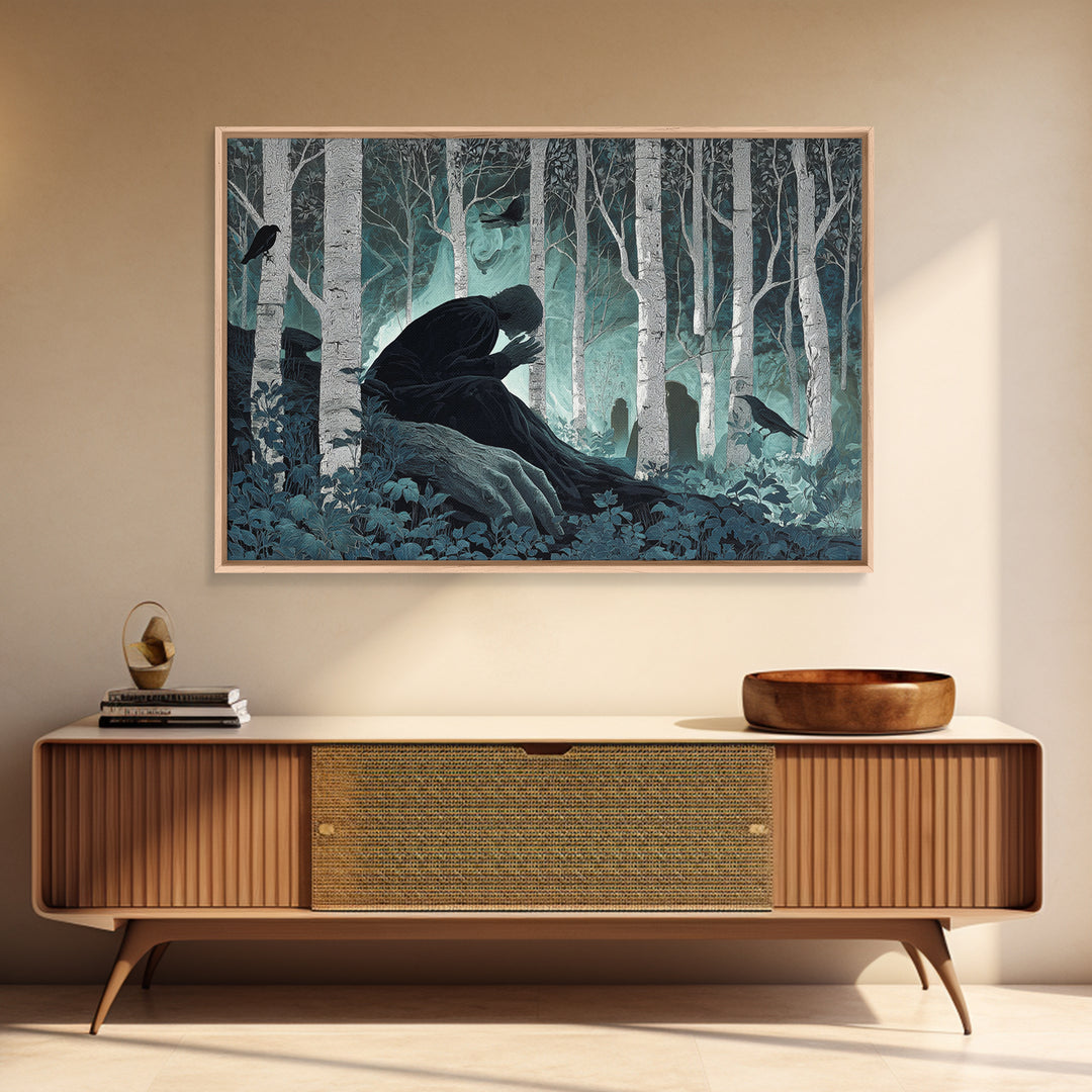 The Sleeper In The Birch Grove, Landscape Wall Art, Dark Halloween Decor, Canvas Print, Halloween Wall Decor, Gothic Home Decor