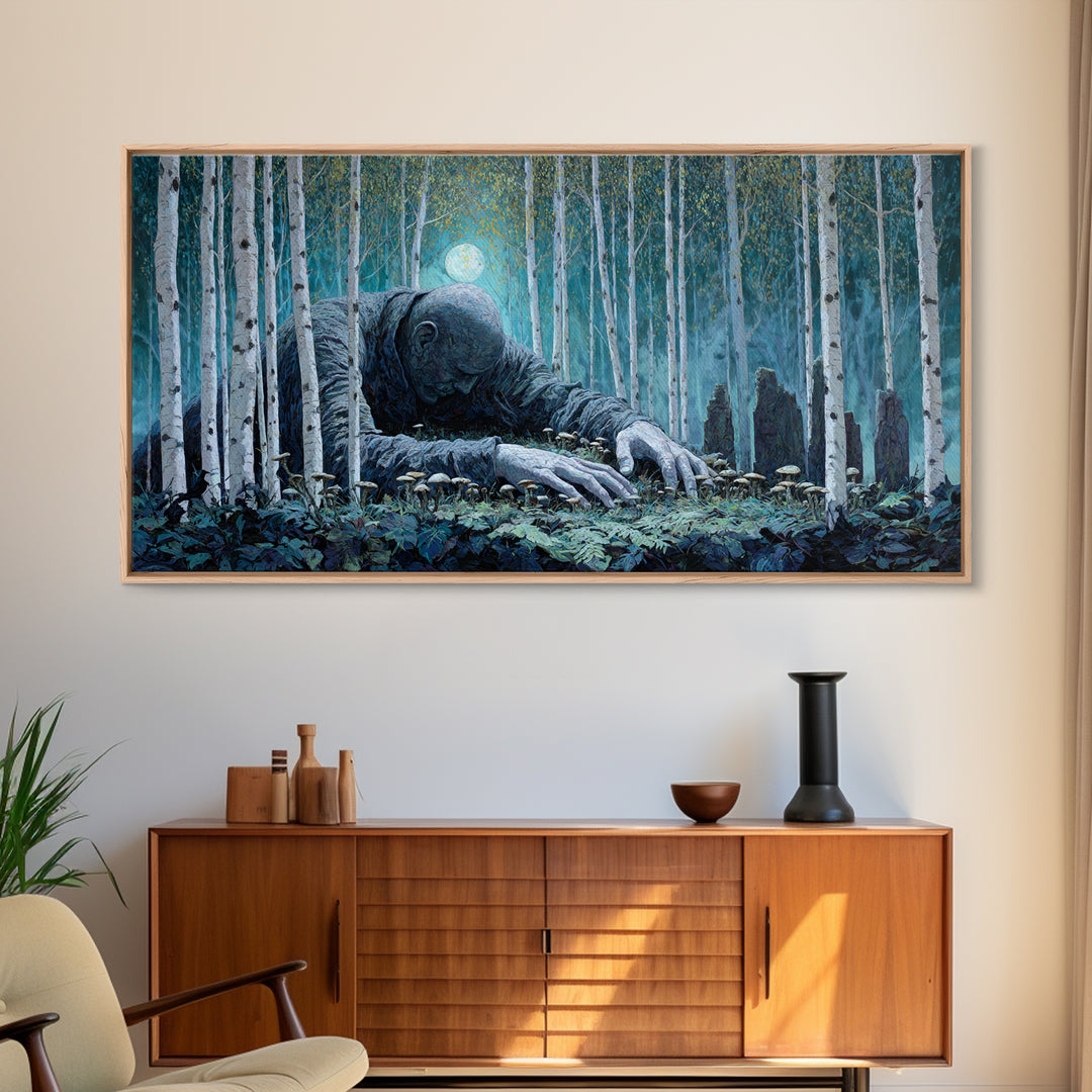 The Sleeper In The Birch Grove, Wide Panoramic Art, Lovecraftian Horror Art, Framed Canvas Print, Halloween Wall Decor, Gothic Home Decor