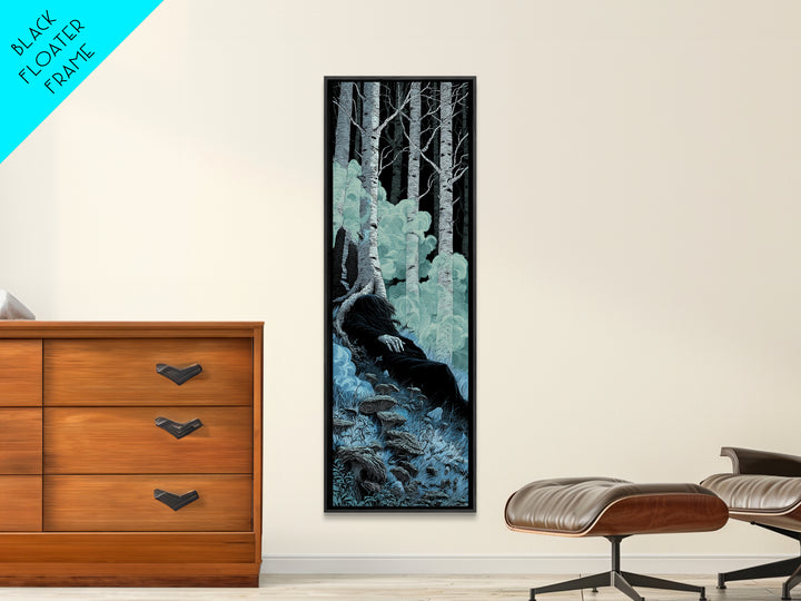 The Sleeper In The Birch Grove, Tall Narrow Wall Art, Spooky Home Decor, Framed Canvas Print, Halloween Wall Decor, Gothic Home Decor