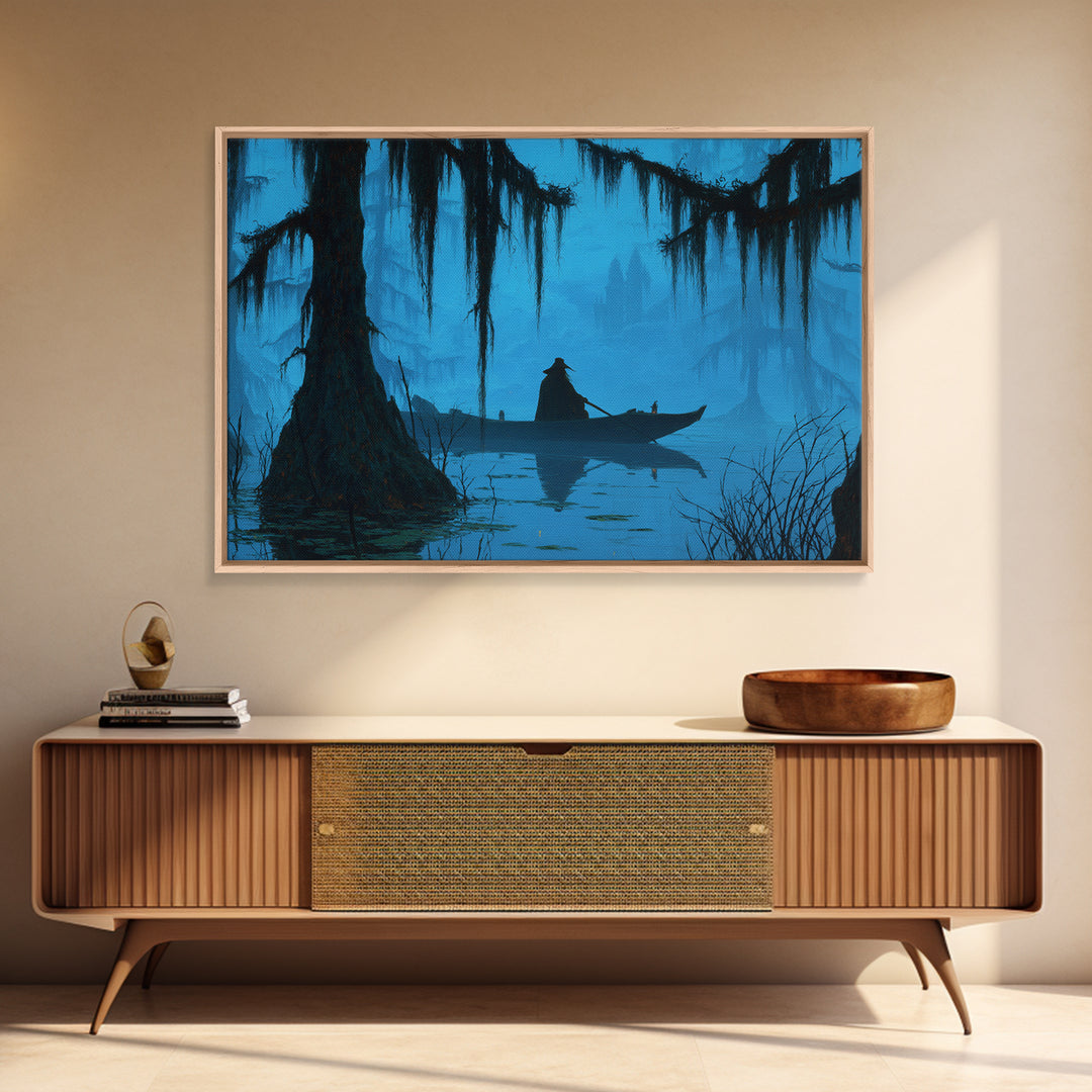 The Ferryman Of The Outer Marsh, Landscape Wall Art, Haunted Gothic Art, Framed Canvas Print, Halloween Wall Decor, Gothic Home Decor