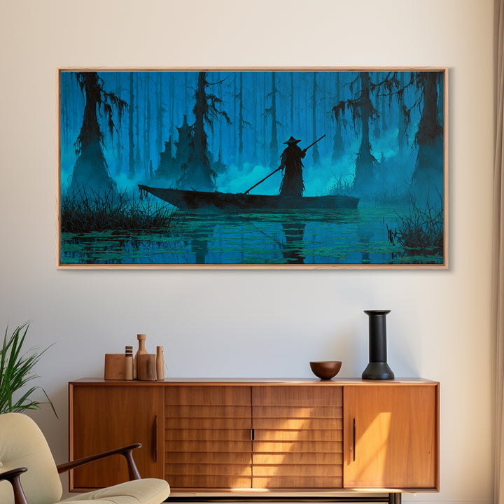 The Ferryman Of The Outer Marsh, Wide Panoramic Art, Lovecraftian Horror Art, Framed Canvas Print, Halloween Wall Decor, Gothic Home Decor