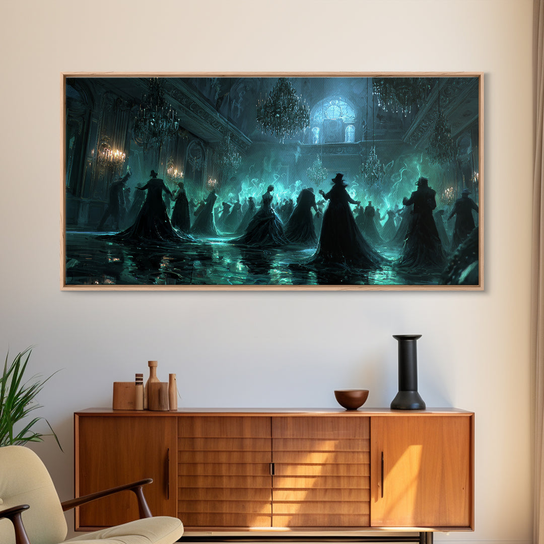 The Ballroom Of Silent Shoggoths, Wide Panoramic Art, Gothic Horror Wall Art, Framed Canvas Print, Halloween Wall Decor, Gothic Home Decor