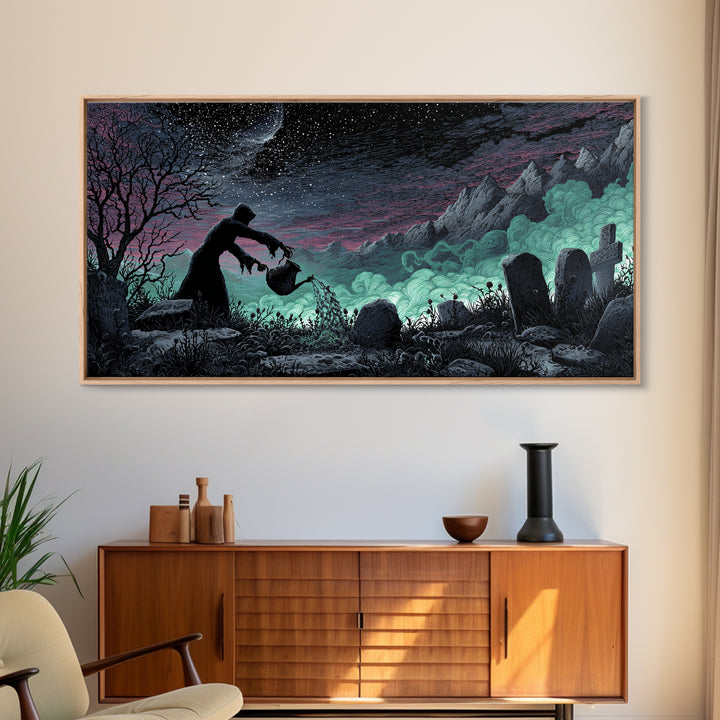 The Grave Gardener Of Yuggoth, Wide Panoramic Art, Spooky Home Decor, Canvas Print, Halloween Wall Decor, Gothic Home Decor, Halloween Decor