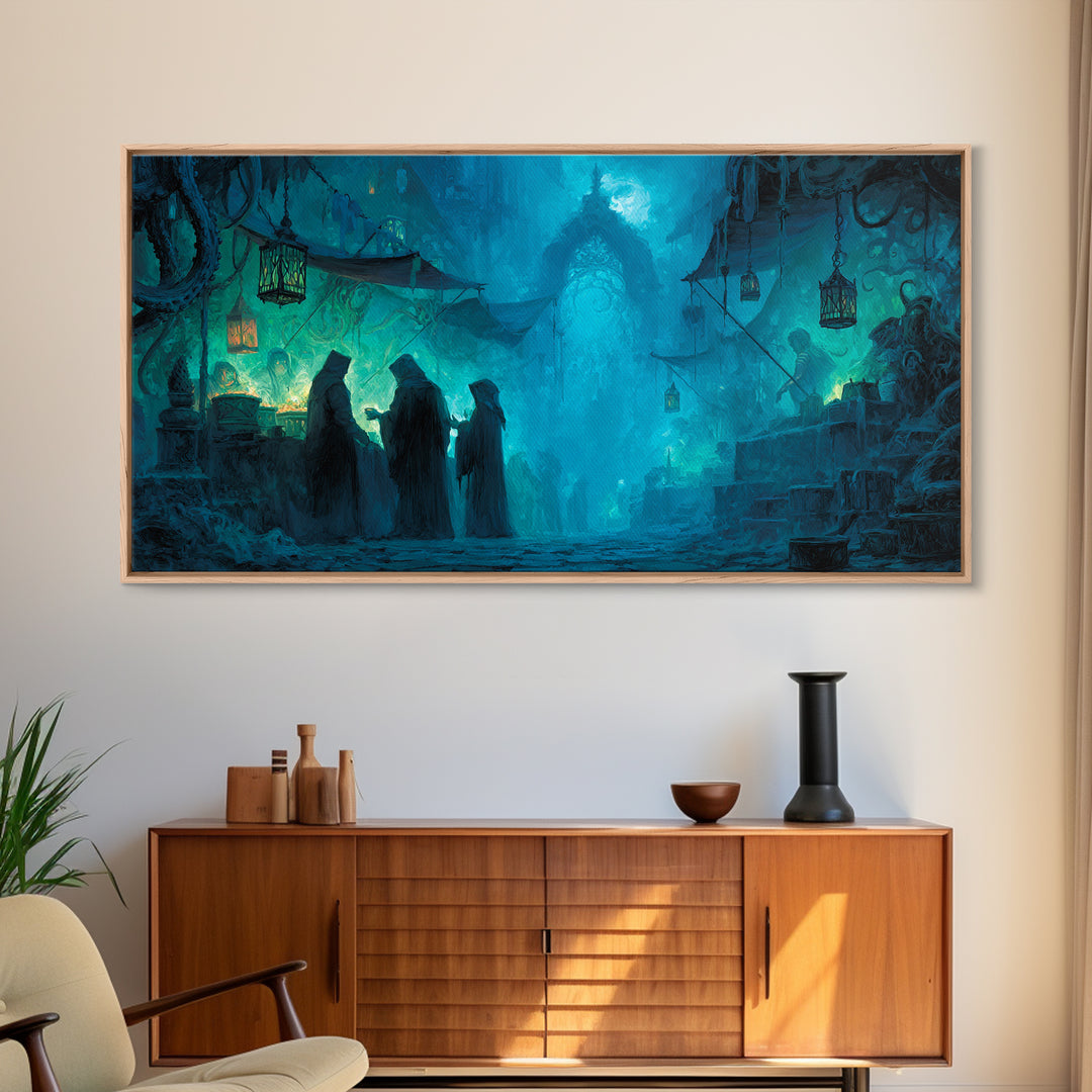 The Lantern Market Beyond The Veil, Wide Panoramic Art, Eldritch Gothic Decor, Framed Canvas Print, Halloween Wall Decor, Gothic Home Decor