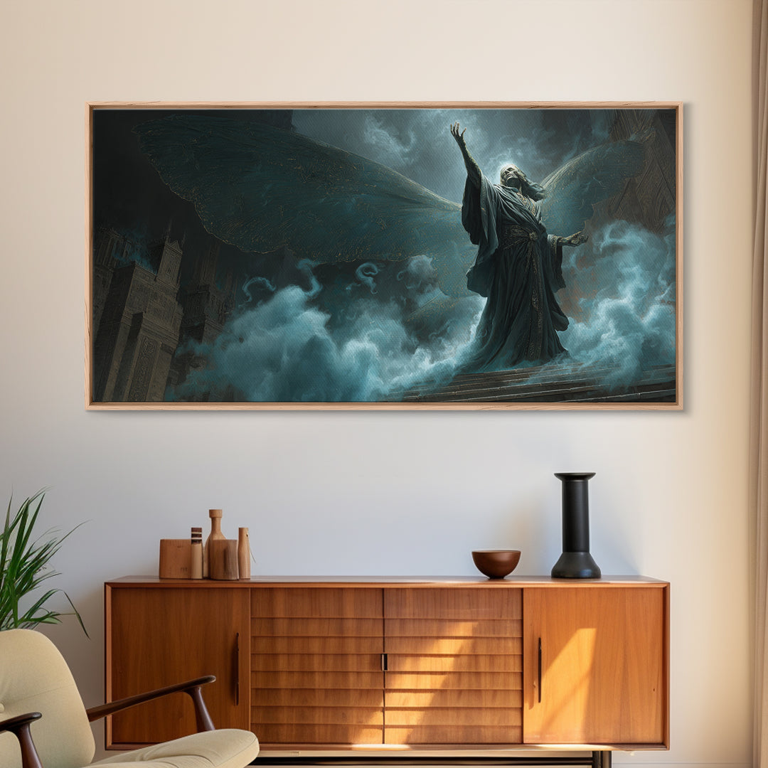 The Moth Prophet Of Kadath, Wide Panoramic Art, Eldritch Gothic Decor, Framed Canvas Print, Halloween Wall Decor, Gothic Home Decor