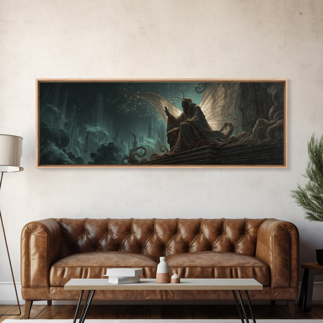 The Moth Prophet Of Kadath, Extra Wide Wall Art, Lovecraftian Horror Art, Canvas Print, Halloween Wall Decor, Gothic Home Decor