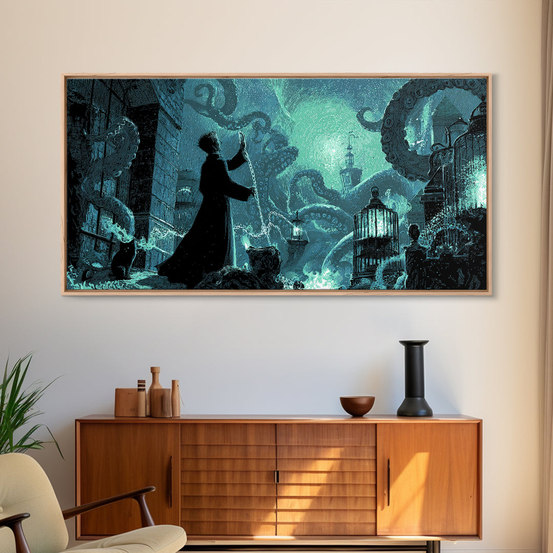 The Moonlit Shoggoth Menagerie, Wide Panoramic Art, Cosmic Horror Wall Art, Canvas Print, Halloween Wall Decor, Gothic Home Decor