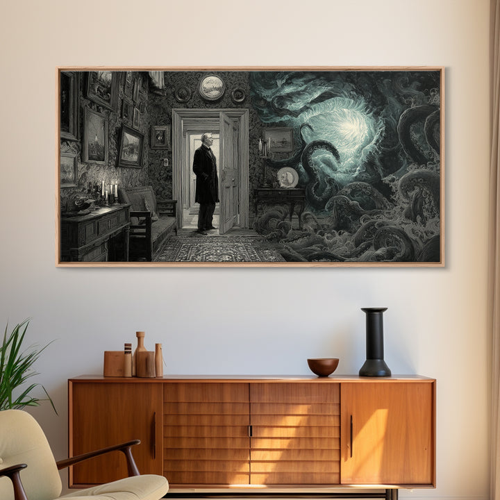 The Thirteenth Door Of Arkham House, Wide Panoramic Art, Gothic Horror Wall Art, Canvas Print, Halloween Wall Decor, Gothic Home Decor
