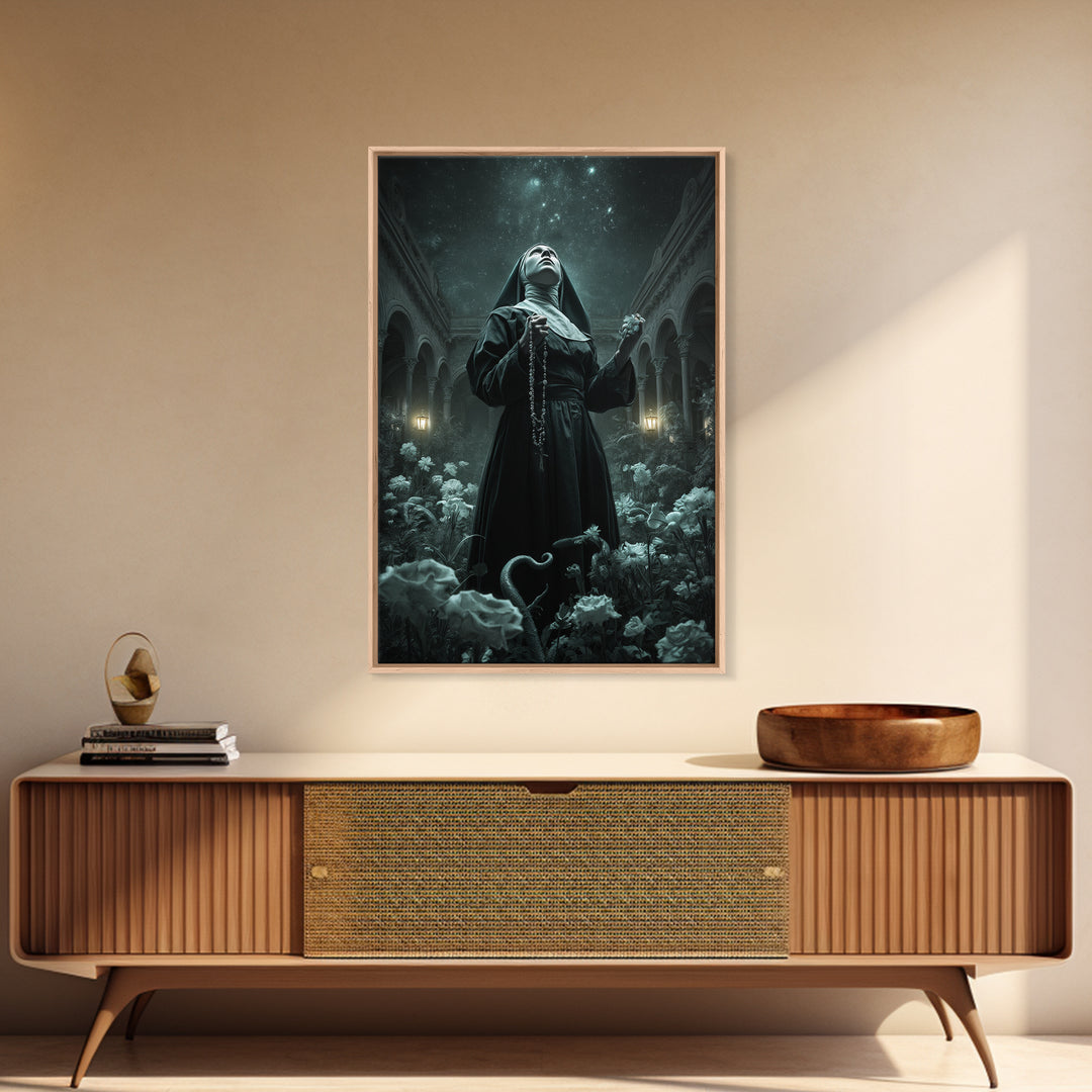 The Nun Of The Endless Constellation, Vertical Wall Art, Spooky Home Decor, Framed Canvas Print, Halloween Wall Decor, Gothic Home Decor