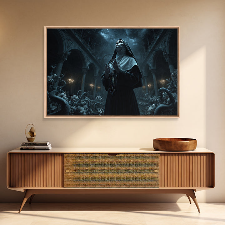 The Nun Of The Endless Constellation, Landscape Wall Art, Dark Halloween Decor, Framed Canvas Print, Halloween Wall Decor, Gothic Home Decor