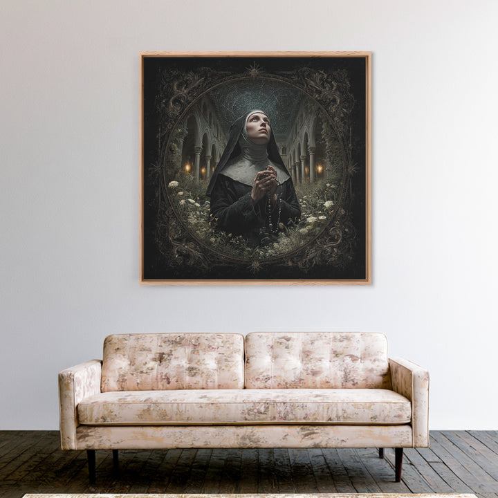The Nun Of The Endless Constellation, Square Wall Art, Haunted Gothic Art, Framed Canvas Print, Halloween Wall Decor, Gothic Home Decor