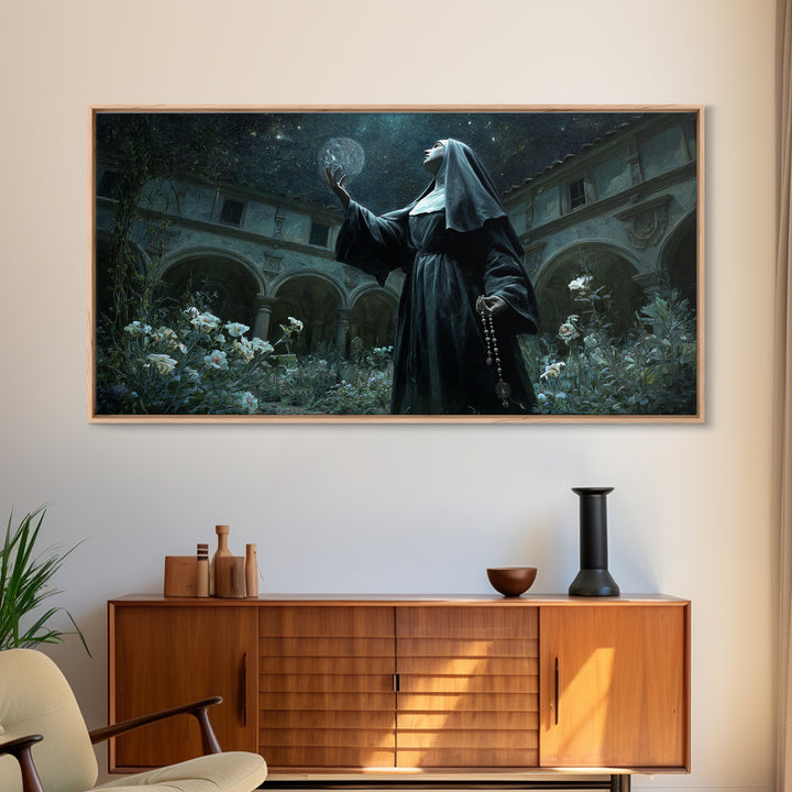 The Nun Of The Endless Constellation, Wide Panoramic Art, Dark Halloween Decor, Canvas Print, Halloween Wall Decor, Gothic Home Decor