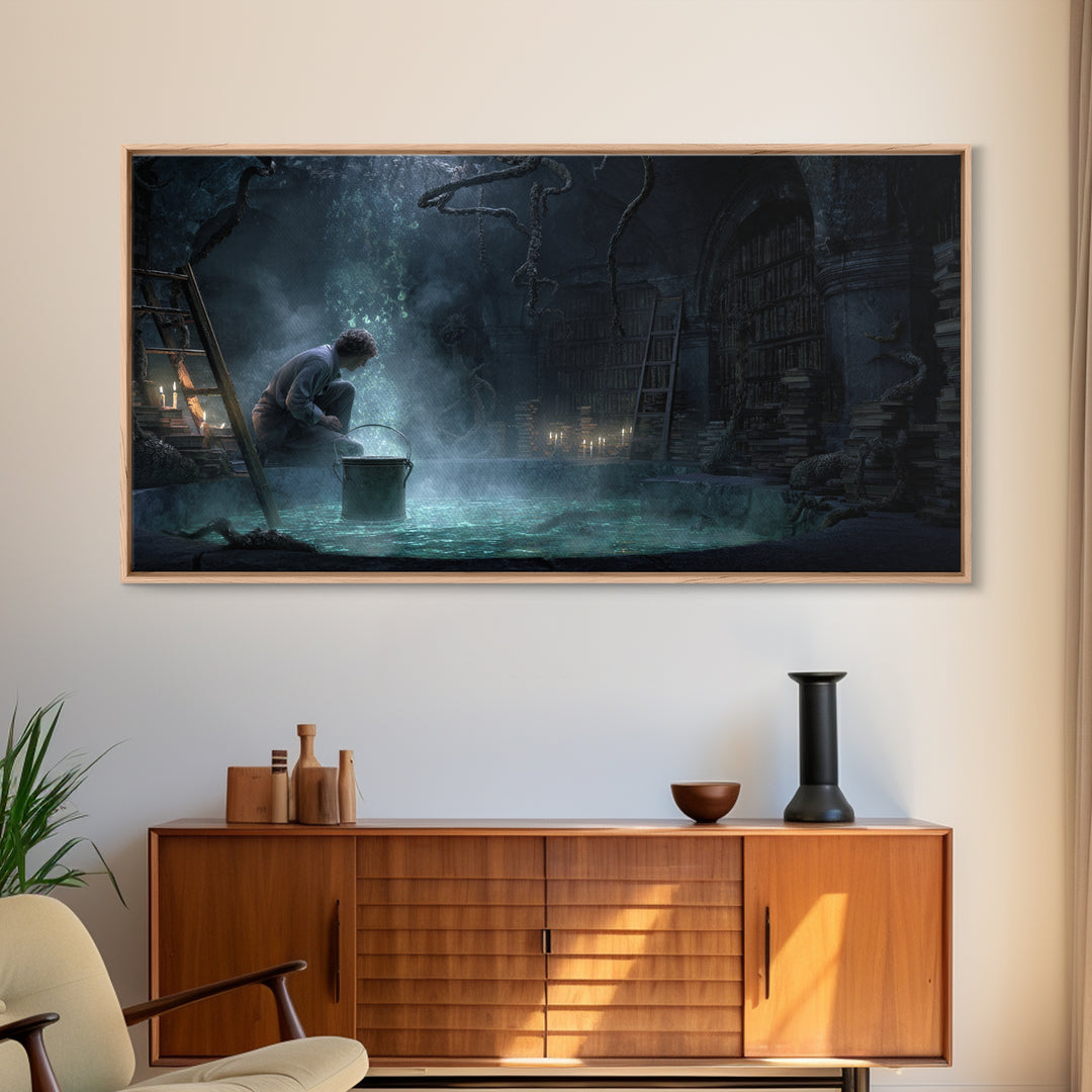 The Dreamwell Beneath Miskatonic, Wide Panoramic Art, Eldritch Gothic Decor, Framed Canvas Print, Halloween Wall Decor, Gothic Home Decor