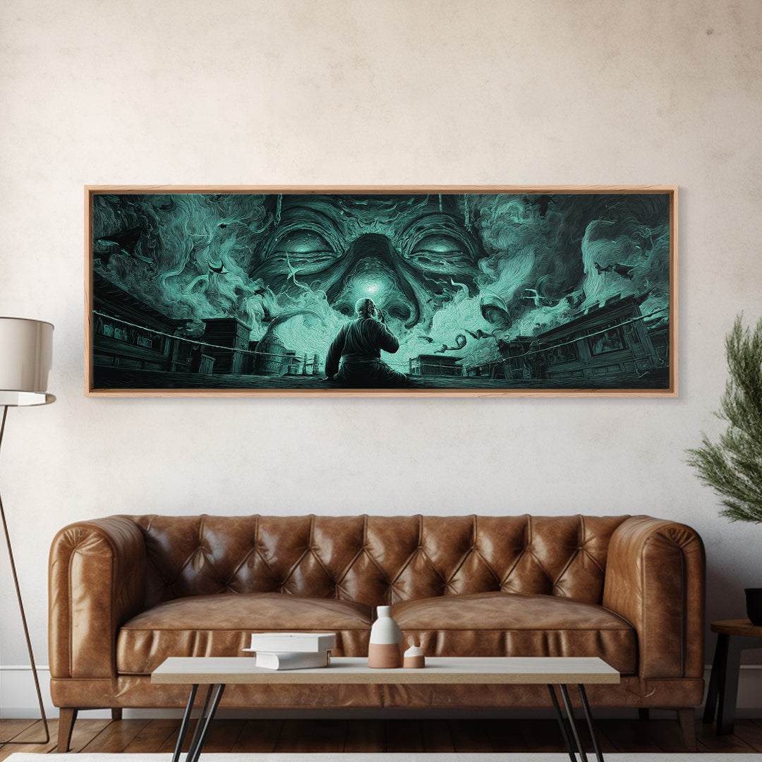 The Custodian Of The Whispering Idol, Extra Wide Wall Art, Dark Fantasy Wall Art, Canvas Print, Halloween Wall Decor, Gothic Home Decor