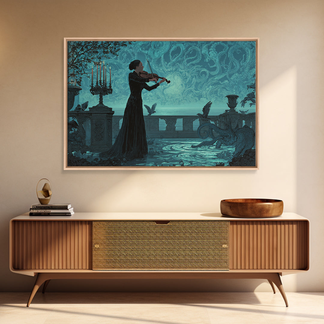 The Violinist Of The Drowned Moon, Landscape Wall Art, Gothic Horror Wall Art, Framed Canvas Print, Halloween Wall Decor, Gothic Home Decor