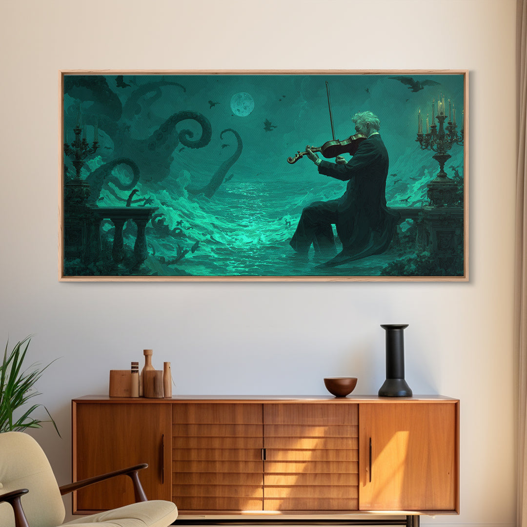 The Violinist Of The Drowned Moon, Wide Panoramic Art, Spooky Home Decor, Framed Canvas Print, Halloween Wall Decor, Gothic Home Decor