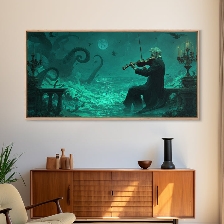 The Violinist Of The Drowned Moon, Wide Panoramic Art, Spooky Home Decor, Framed Canvas Print, Halloween Wall Decor, Gothic Home Decor