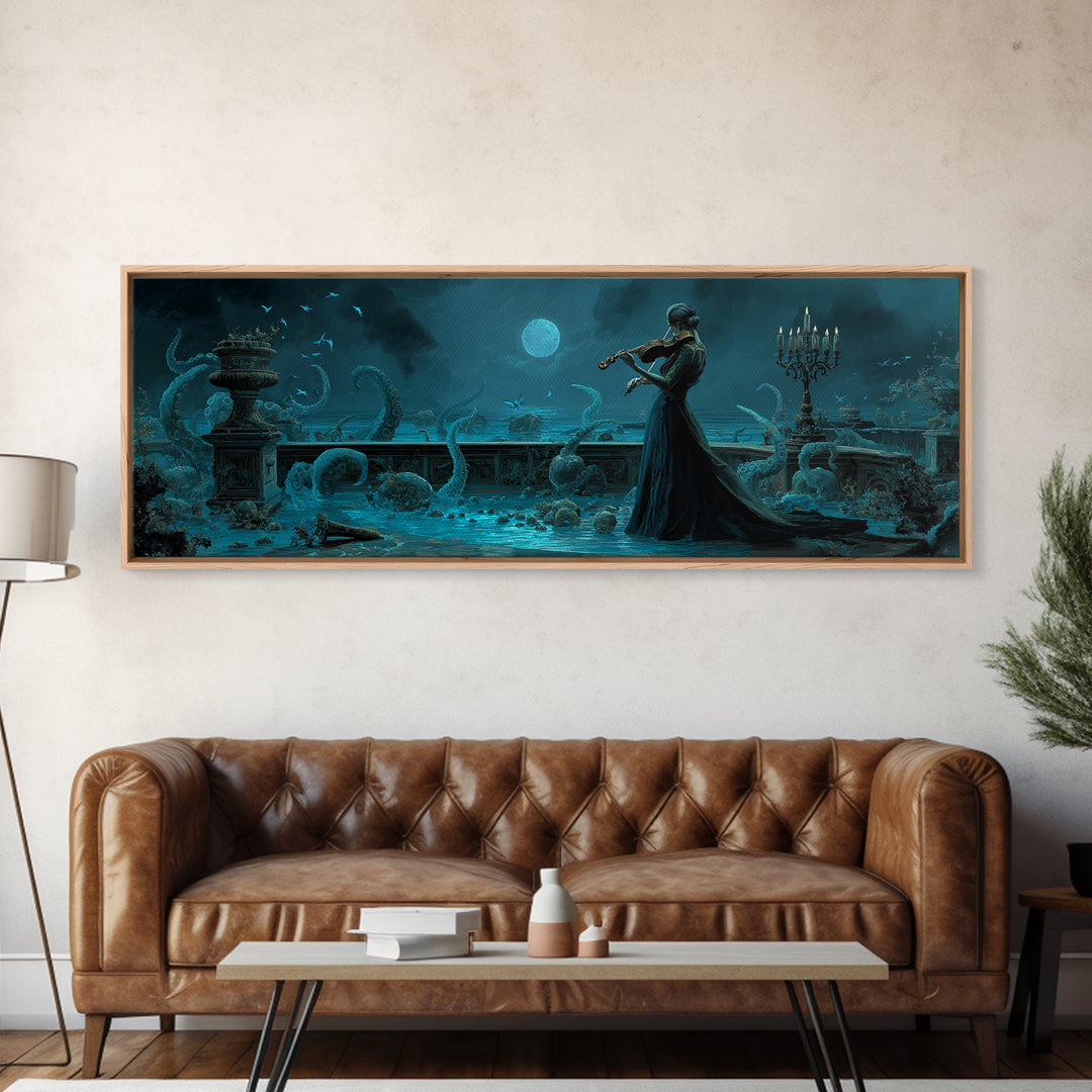 The Violinist Of The Drowned Moon, Extra Wide Wall Art, Haunted Gothic Art, Framed Canvas Print, Halloween Wall Decor, Gothic Home Decor