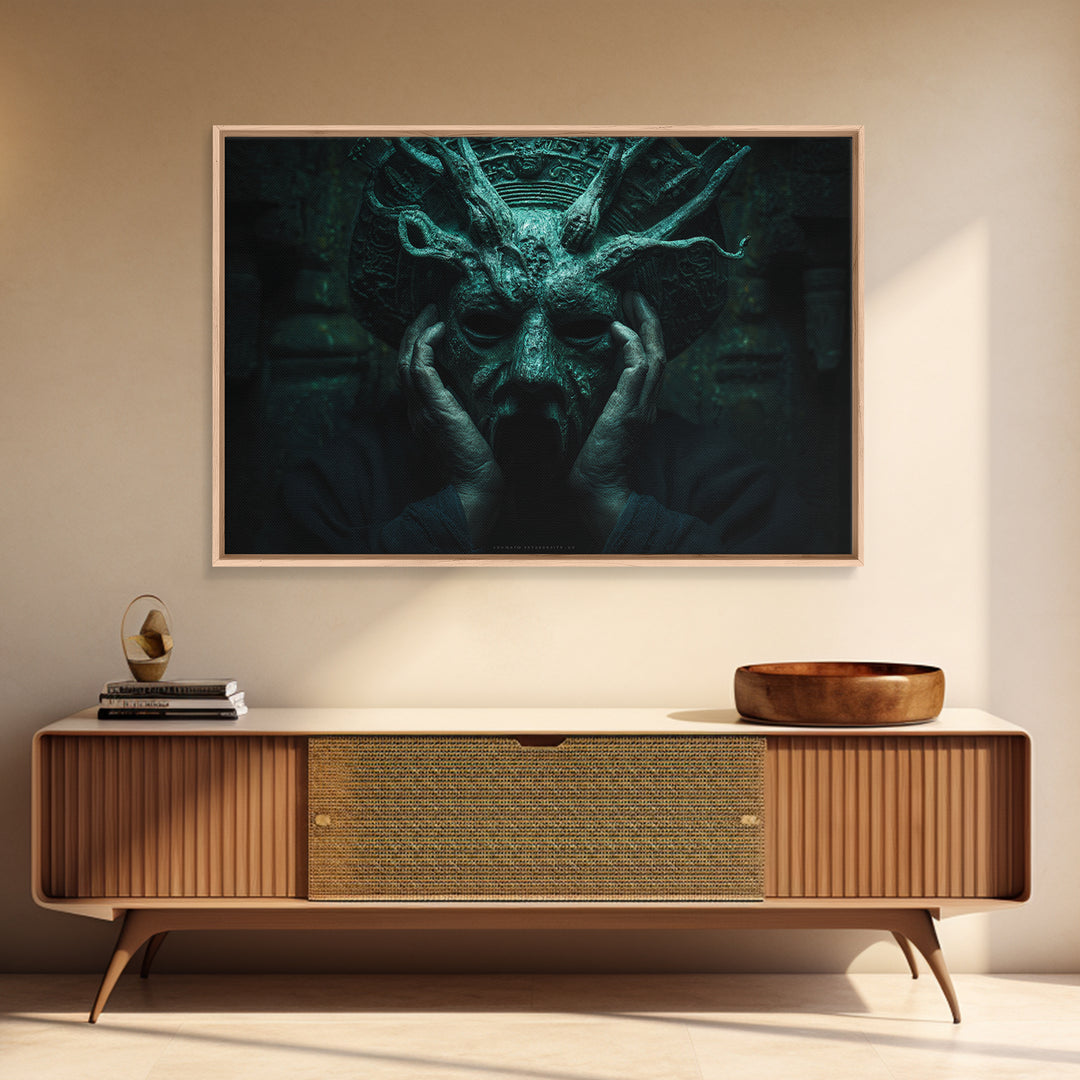 The Mask Of The Crawling God, Landscape Wall Art, Dark Fantasy Wall Art, Framed Canvas Print, Halloween Wall Decor, Gothic Home Decor