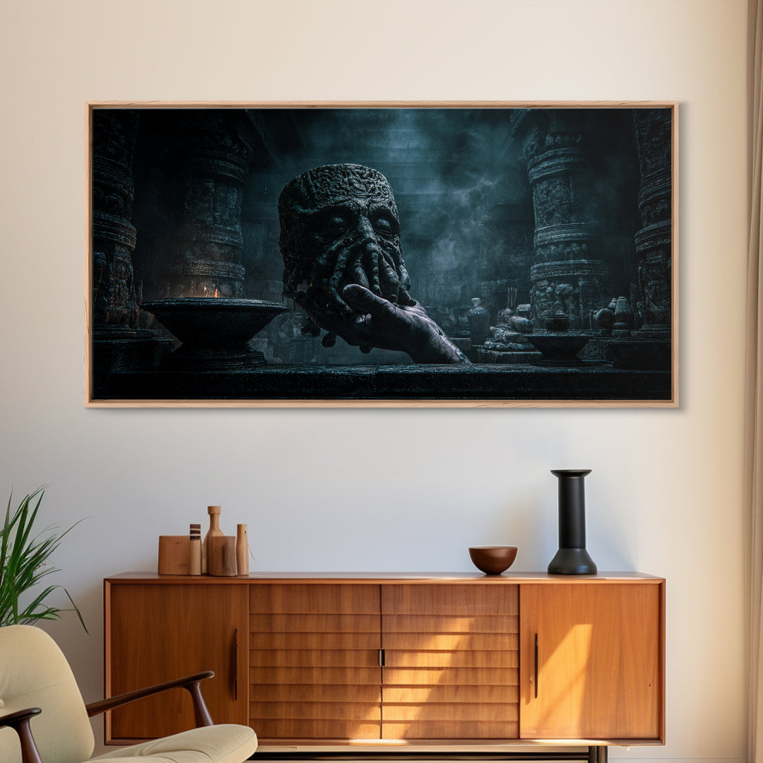 The Mask Of The Crawling God, Wide Panoramic Art, Lovecraftian Horror Art, Canvas Print, Halloween Wall Decor, Gothic Home Decor