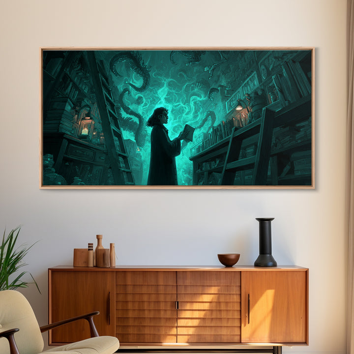 The Archivist Of Dreaming Bones, Wide Panoramic Art, Gothic Horror Wall Art, Framed Canvas Print, Halloween Wall Decor, Gothic Home Decor