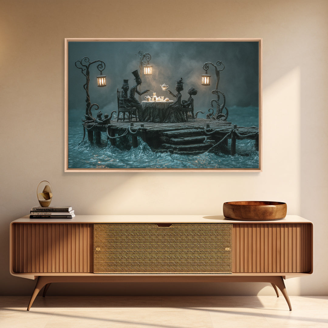 The Tea Party At Innsmouth Pier, Landscape Wall Art, Spooky Home Decor, Framed Canvas Print, Halloween Wall Decor, Gothic Home Decor