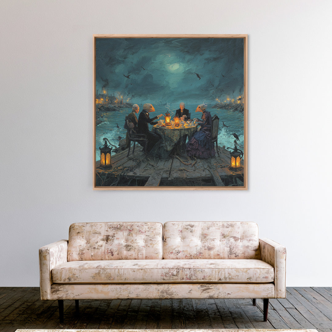 The Tea Party At Innsmouth Pier, Square Wall Art, Lovecraftian Horror Art, Framed Canvas Print, Halloween Wall Decor, Gothic Home Decor