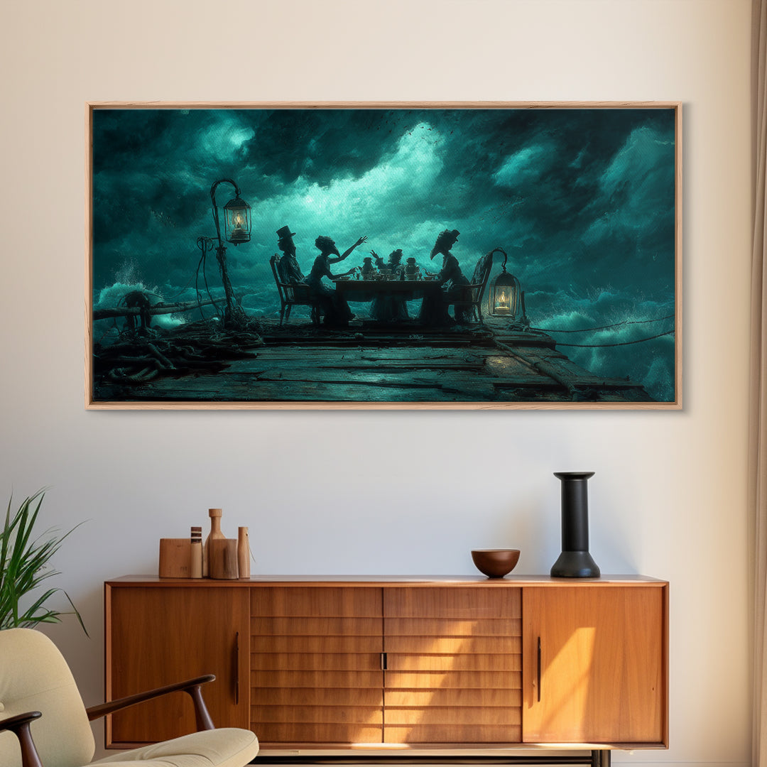 The Tea Party At Innsmouth Pier, Wide Panoramic Art, Haunted Gothic Art, Framed Canvas Print, Halloween Wall Decor, Gothic Home Decor