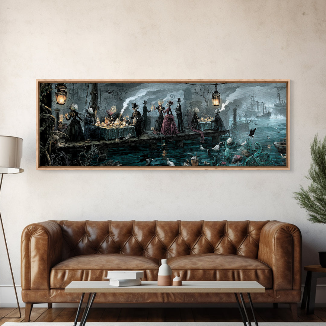 The Tea Party At Innsmouth Pier, Extra Wide Wall Art, Gothic Horror Wall Art, Framed Canvas Print, Halloween Wall Decor, Gothic Home Decor