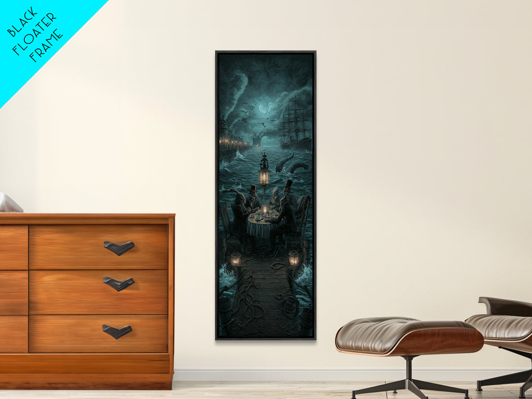 The Tea Party At Innsmouth Pier, Tall Narrow Wall Art, Dark Halloween Decor, Canvas Print, Halloween Wall Decor, Gothic Home Decor