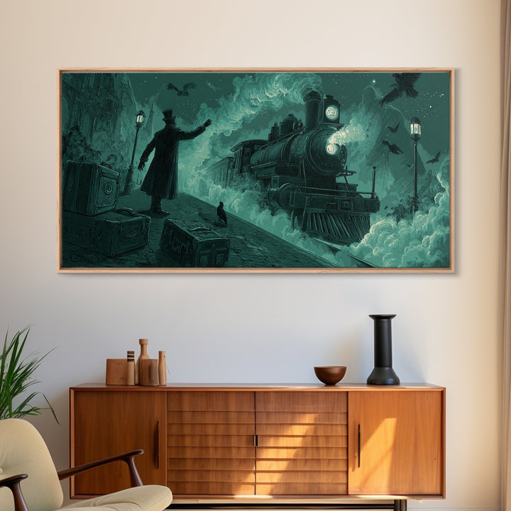 The Phantom Train To Kadath, Wide Panoramic Art, Macabre Wall Art, Framed Canvas Print, Halloween Wall Decor, Gothic Home Decor