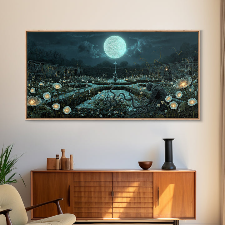 The Garden Of The Eyeless Moon, Wide Panoramic Art, Gothic Horror Wall Art, Canvas Print, Halloween Wall Decor, Gothic Home Decor