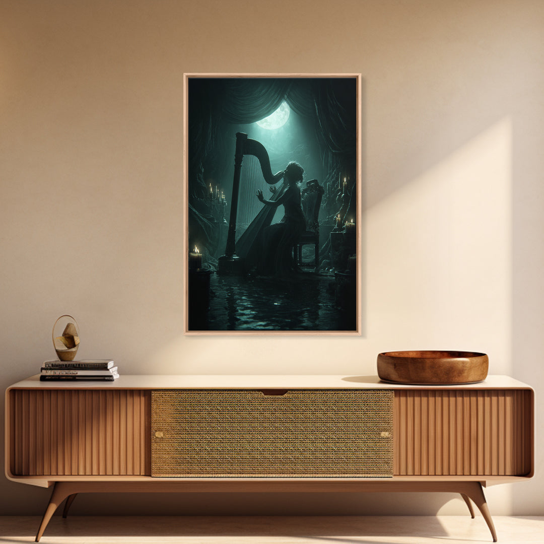 The Harpist Of Abyssal Sleep, Vertical Wall Art, Haunted Gothic Art, Canvas Print, Halloween Wall Decor, Gothic Home Decor