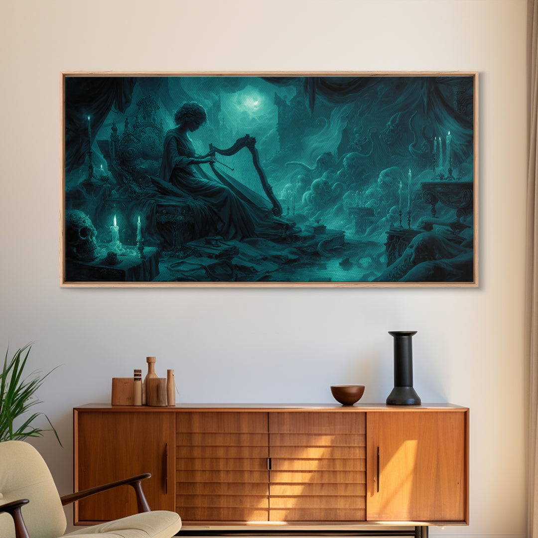 The Harpist Of Abyssal Sleep, Wide Panoramic Art, Lovecraftian Horror Art, Framed Canvas Print, Halloween Wall Decor, Gothic Home Decor