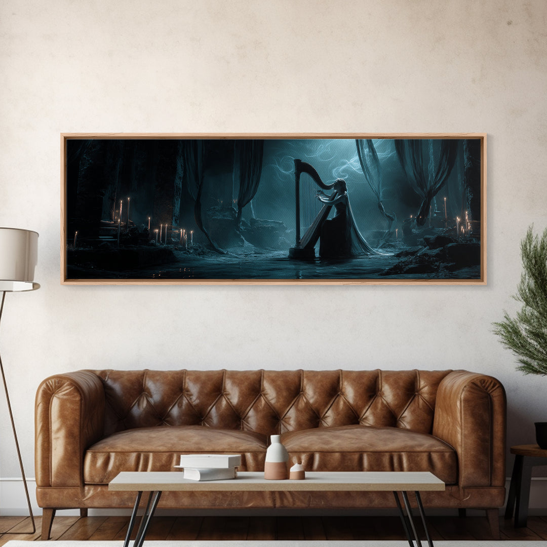 The Harpist Of Abyssal Sleep, Extra Wide Wall Art, Dark Fantasy Wall Art, Canvas Print, Halloween Wall Decor, Gothic Home Decor