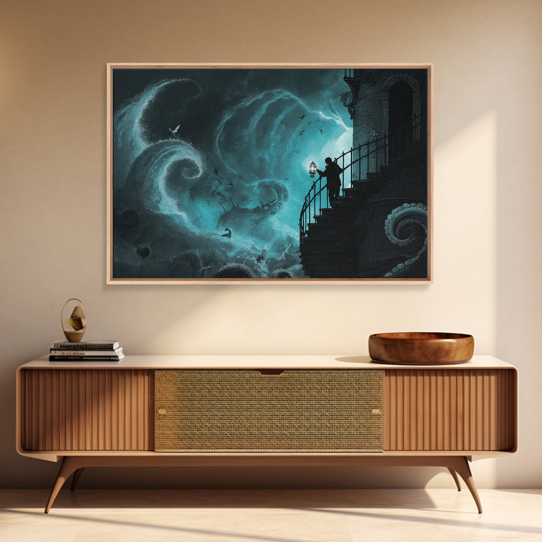 The Last Lighthouse Of Y’Ha-Nthlei, Landscape Wall Art, Macabre Wall Art, Framed Canvas Print, Halloween Wall Decor, Gothic Home Decor