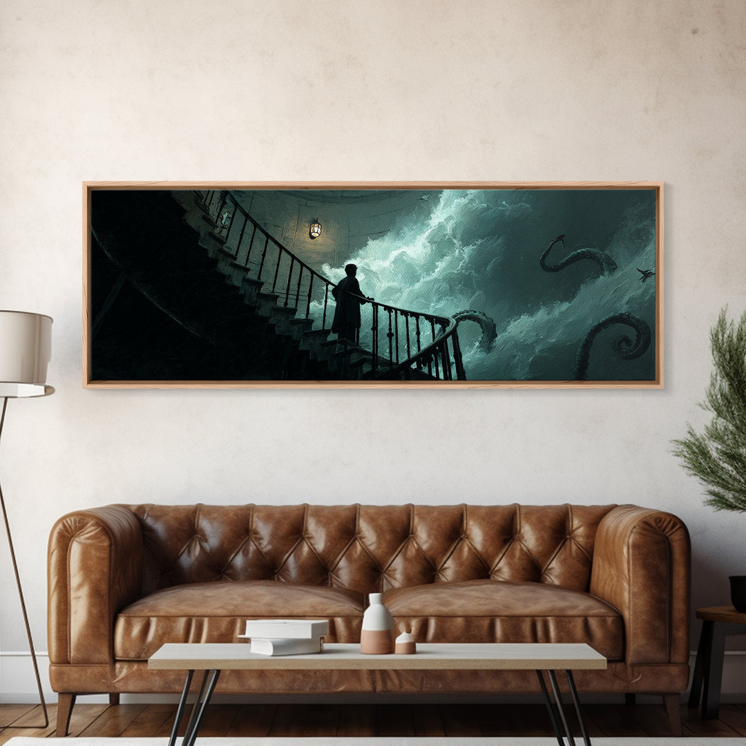 The Last Lighthouse Of Y’Ha-Nthlei, Extra Wide Wall Art, Lovecraftian Horror Art, Canvas Print, Halloween Wall Decor, Gothic Home Decor