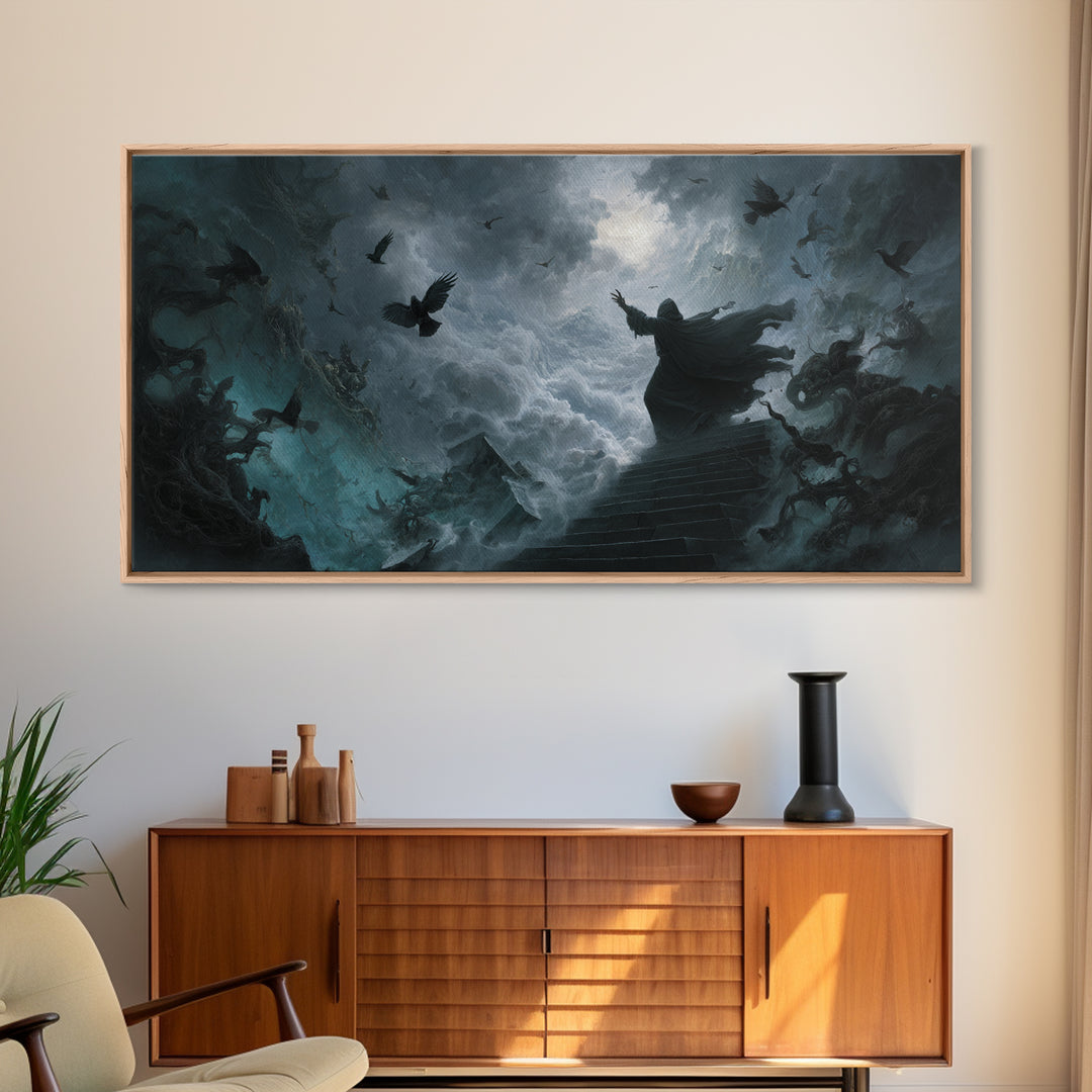 The Raven Sermon Of Leng, Wide Panoramic Art, Lovecraftian Horror Art, Canvas Print, Halloween Wall Decor, Gothic Home Decor