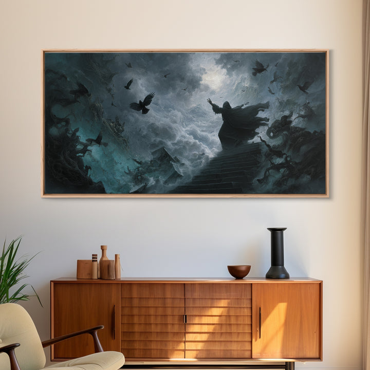 The Raven Sermon Of Leng, Wide Panoramic Art, Lovecraftian Horror Art, Canvas Print, Halloween Wall Decor, Gothic Home Decor