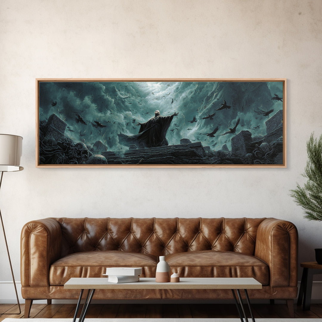 The Raven Sermon Of Leng, Extra Wide Wall Art, Cosmic Horror Wall Art, Framed Canvas Print, Halloween Wall Decor, Gothic Home Decor