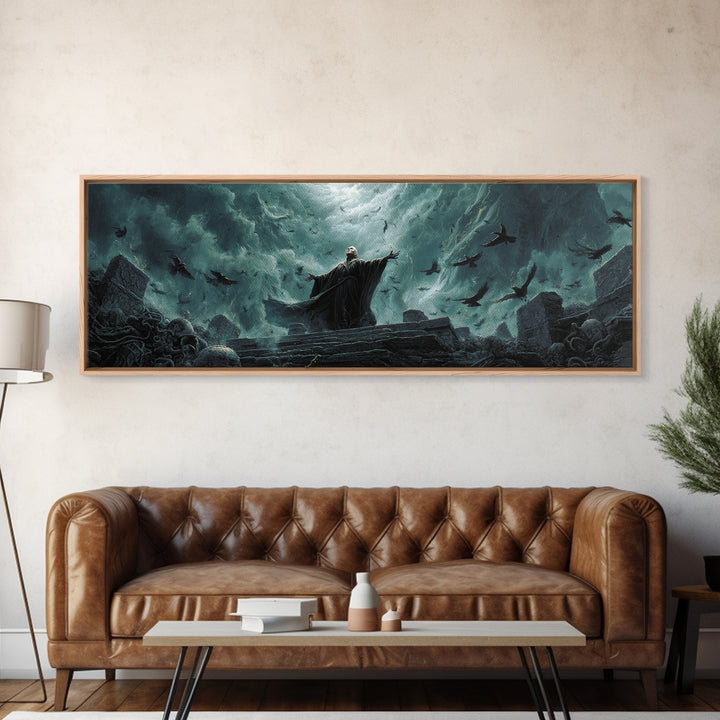 The Raven Sermon Of Leng, Extra Wide Wall Art, Cosmic Horror Wall Art, Framed Canvas Print, Halloween Wall Decor, Gothic Home Decor